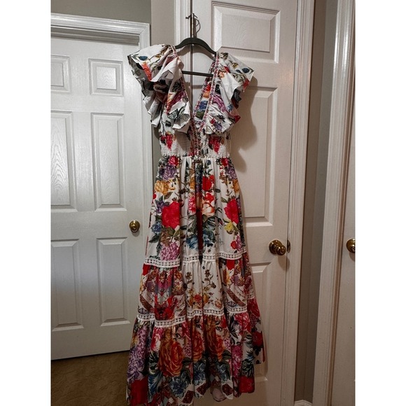 Bella Burnett  Floral Print Maxi Dress Ruffle Sleeve Smocked Waist Tie - Picture 7 of 12